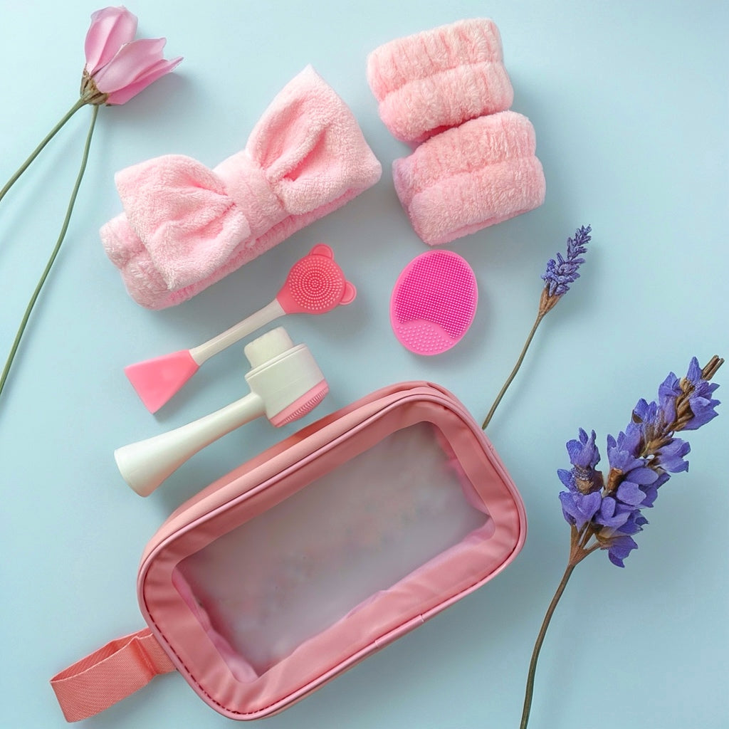 Pink Beauty & Self-Care Accessories Set with Cosmetic Pouch