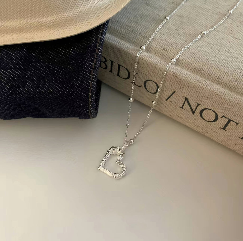 Silver-Tone Textured Heart Necklace