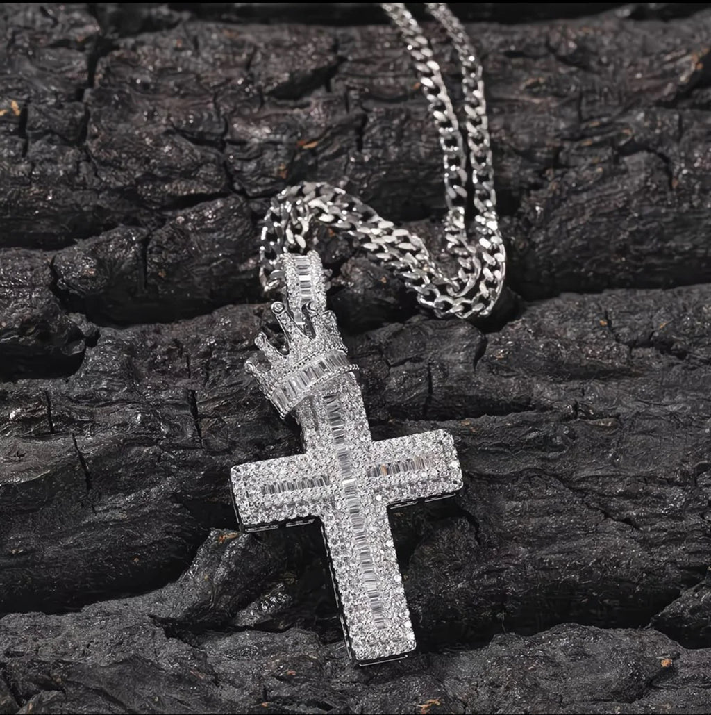 Iced Out Cross Necklace with Crown 👑✨ Statement Bling Chain – 24