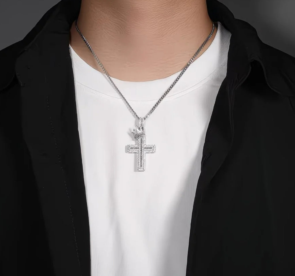 Iced Out Cross Necklace with Crown 👑✨ Statement Bling Chain – 24