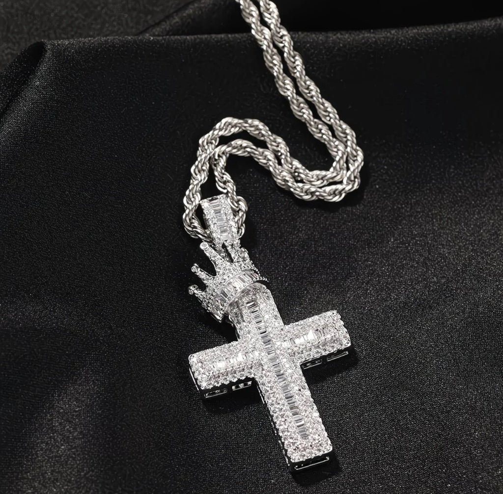 Iced Out Cross Necklace with Crown 👑✨ Statement Bling Chain – 24