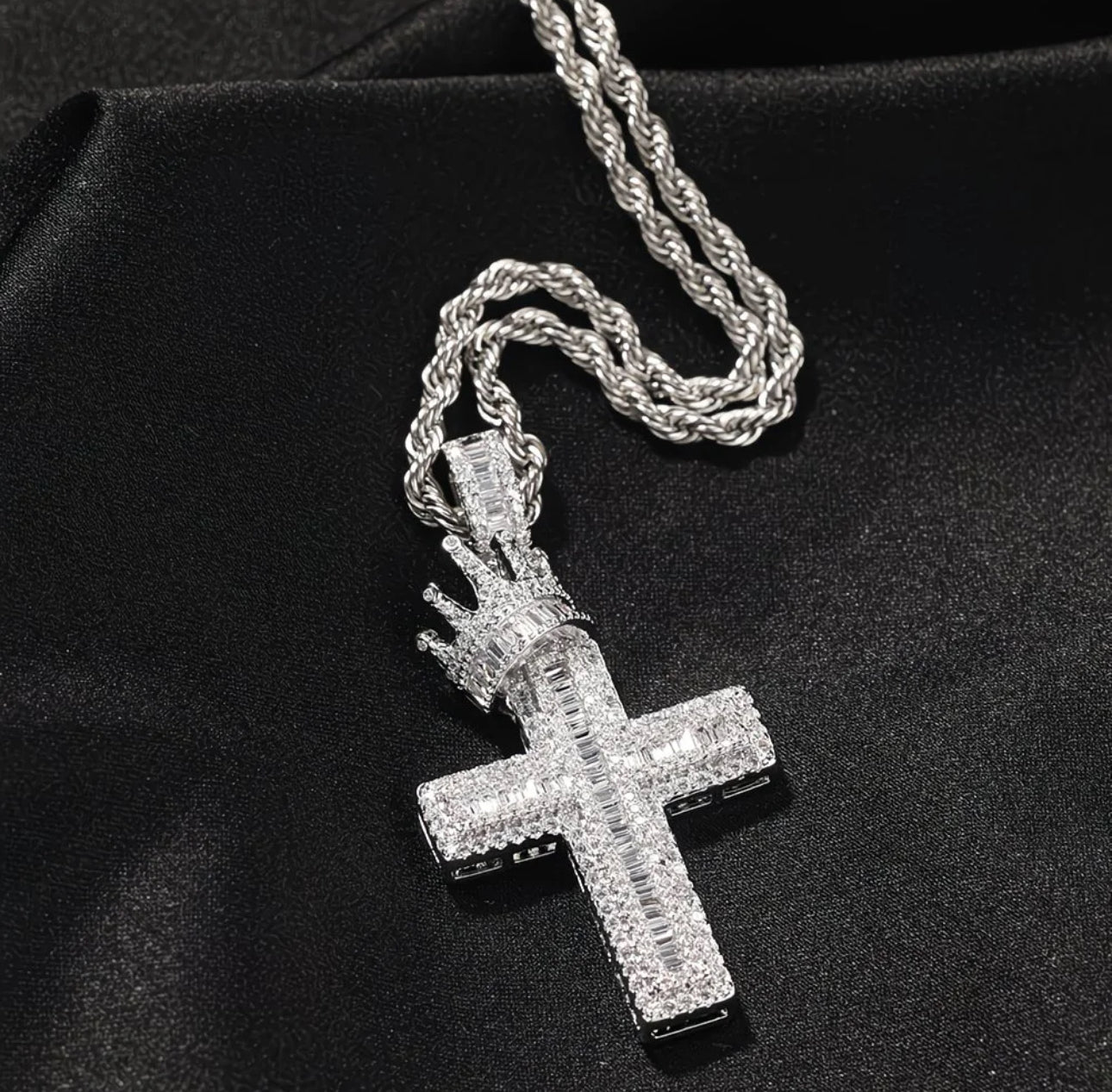 Iced Out Cross Necklace with Crown 👑✨ Statement Bling Chain – 24