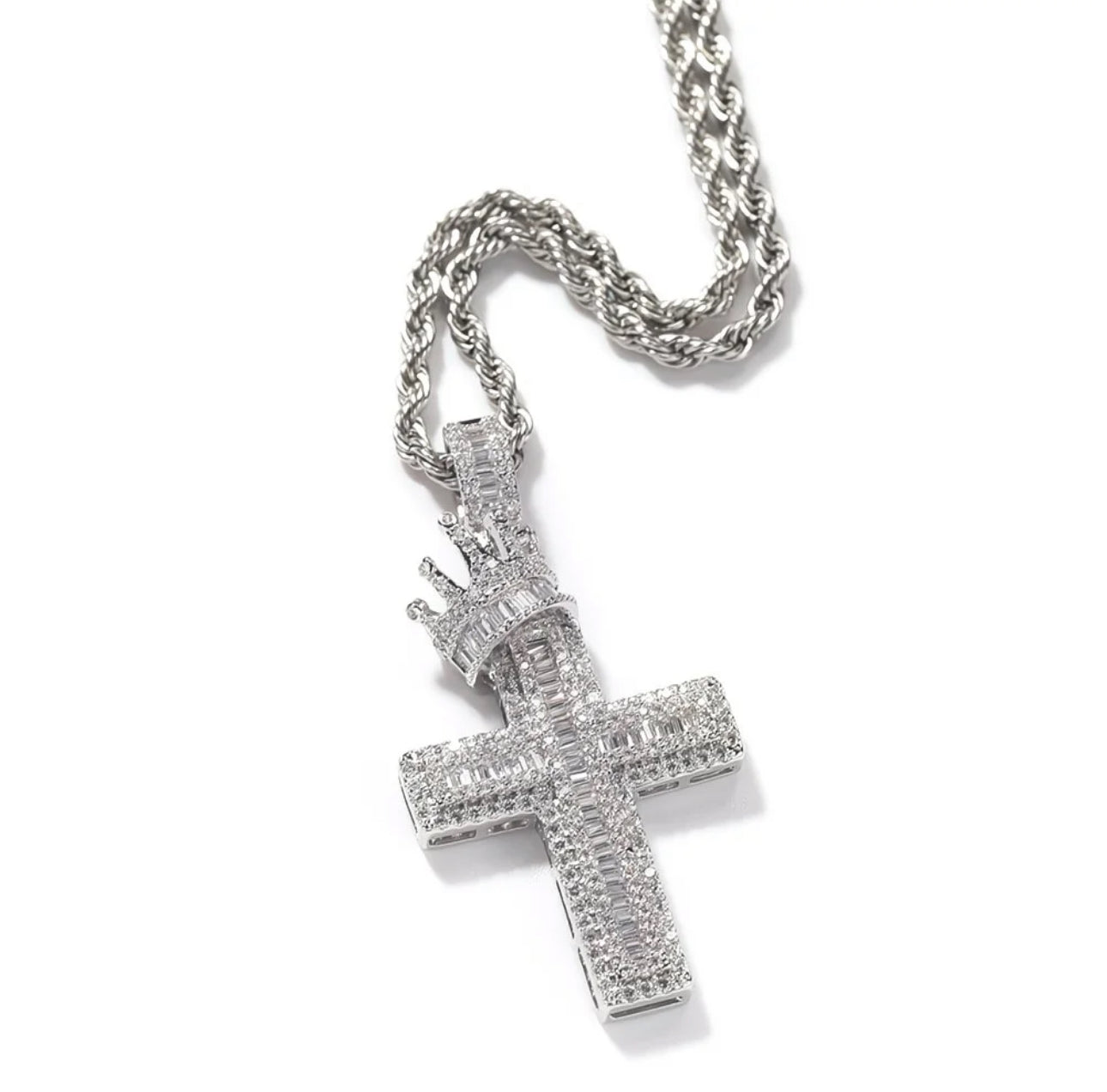 Iced Out Cross Necklace with Crown 👑✨ Statement Bling Chain – 24